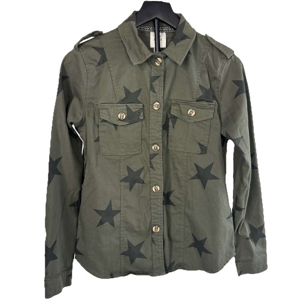 Knox Rose Button Down Shirt Women S Green Star Print Utility Cotton Spandex‎